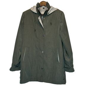 Manteaux Women's Rain Jacket SMALL Green Khaki Zip Snap Hooded Lined Rain Coat